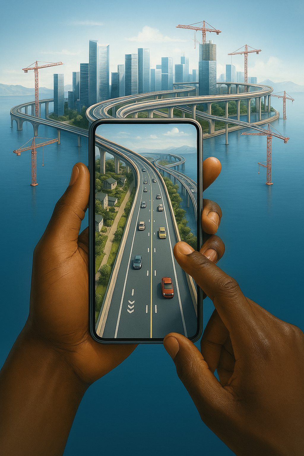 Pair of hands holding a smartphone showing a road, with city and cranes behind